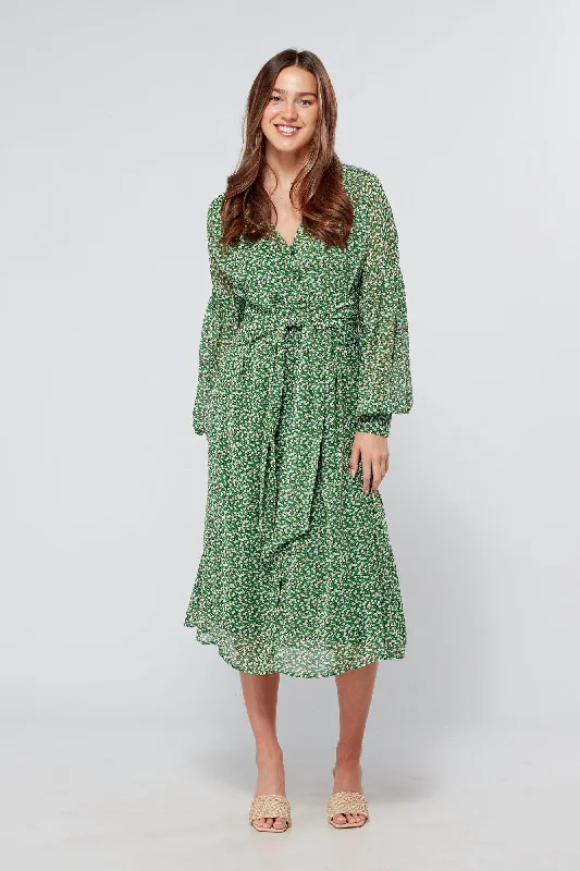 Sofia Green Midi Dress With Belted Front