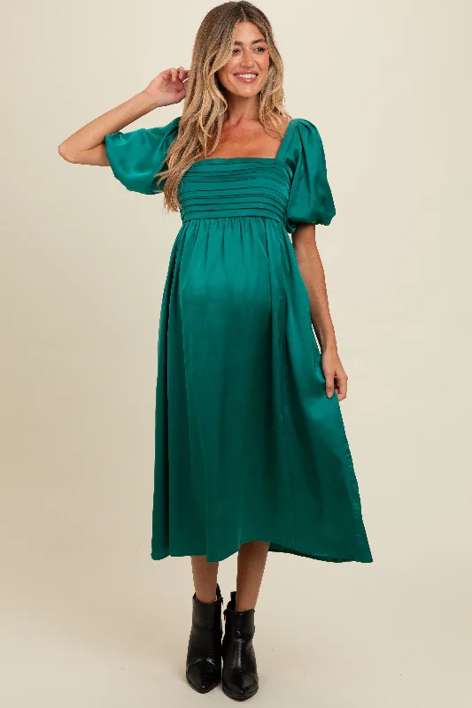 Emerald Green Satin Pleated Bodice Puff Sleeve Maternity Midi Dress