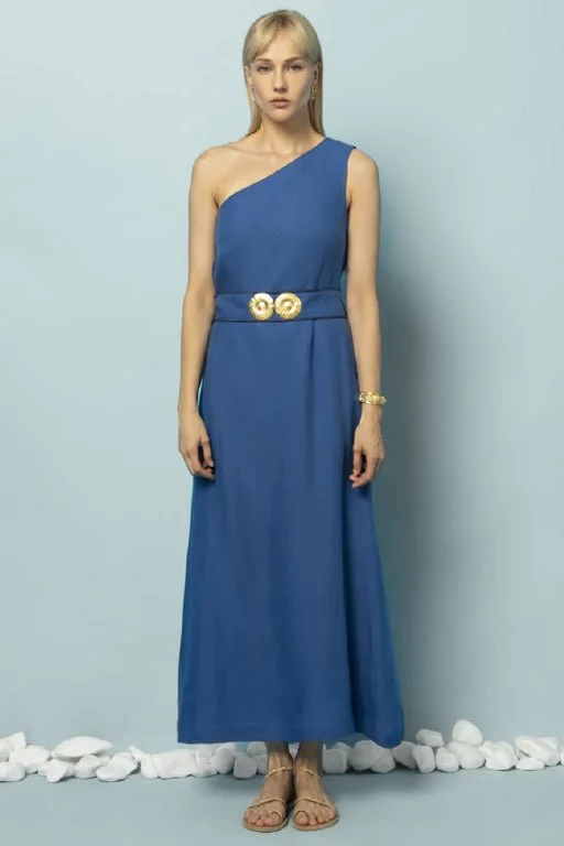 Ino One Shoulder Linen Midi Dress W. Gold Buckles Greek Blue