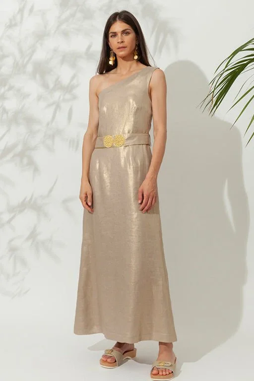 Helios One Shoulder Midi Dress With Golden Buckles Gold