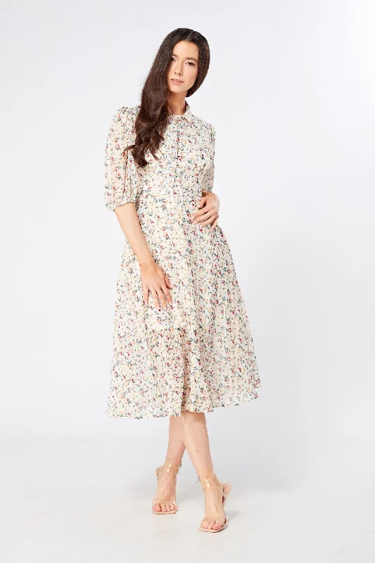 Camilla Belted Off White Floral Georgette Midi Dress