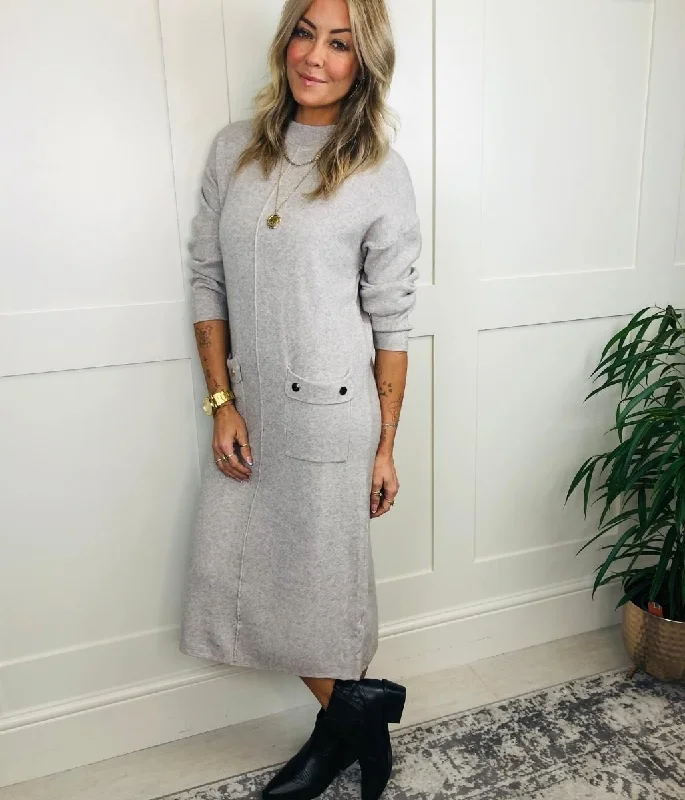 Grey Knitted Midi Pocket Dress