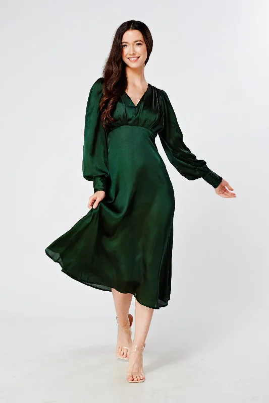 Zarina Emerald Green Satin Midi Dress