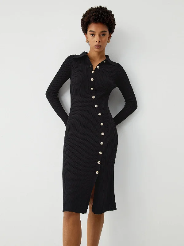 Asymmetric Button Down Long Modern Sleeve Midi Sweater Dress