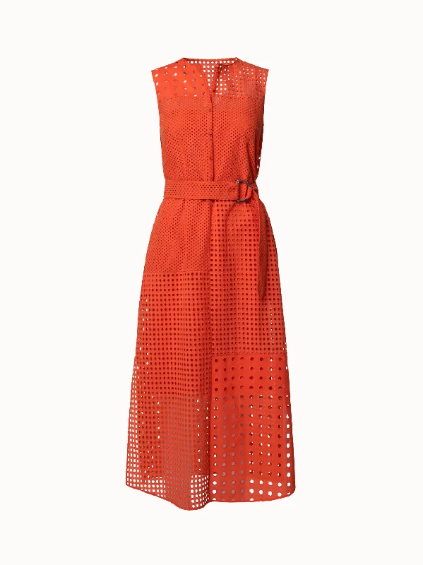 Cotton Eyelet Embroidery Patchwork Midi Dress