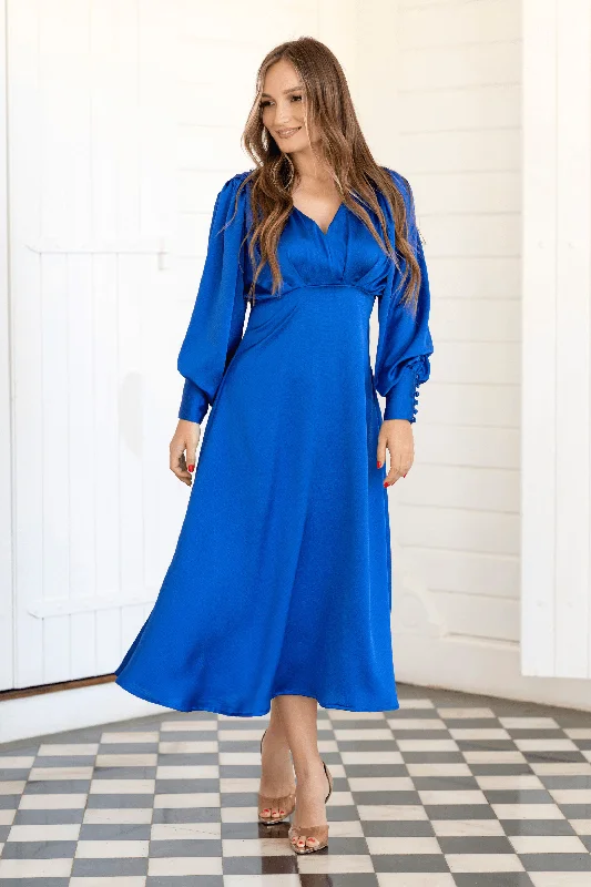 Azurine Cobalt Blue Satin Midi Dress