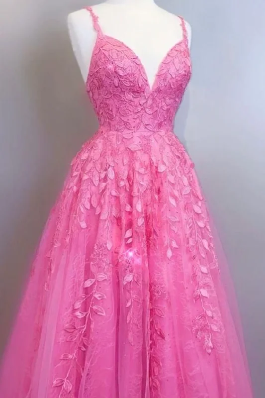 A-line bright pink lace appliqued long prom dress with lace up back c3446