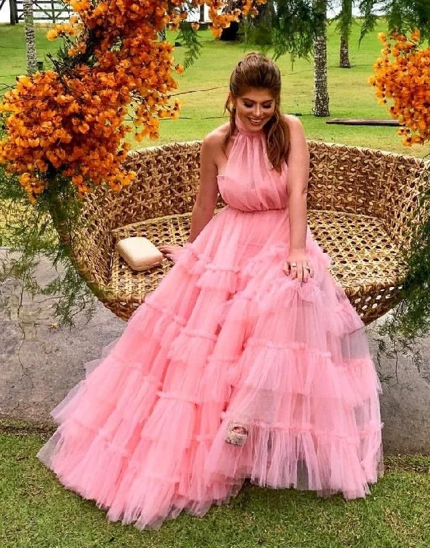 A Line Layered Pink Prom Dresses Long,Pink Formal Evening Dresses cc542