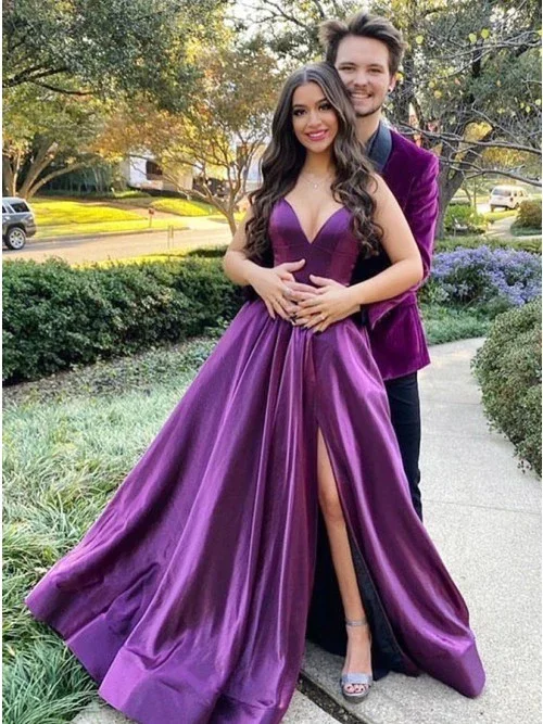 A-Line Long Purple Prom Dresses V neck Satin Evening Gown c3251