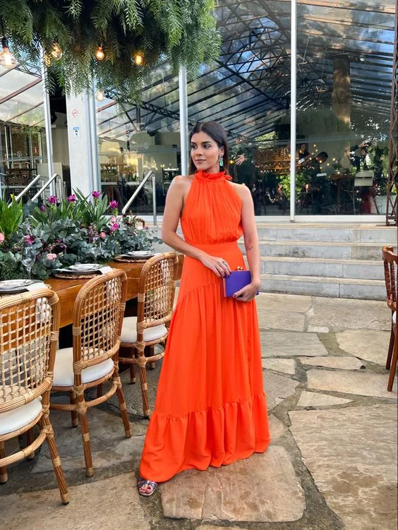 A-line Orange Prom Dress Summer Fashion Halter Pure Color Dress Elegant Style Ladies Swing Dress cc778