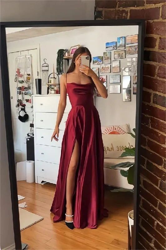 A Line Spaghetti Straps Burgundy Long Prom Dress with Split Front  cc510