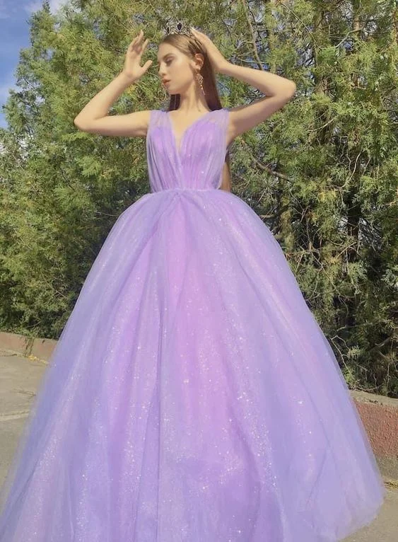 A-line V-neck Light Purple Prom Dress Gliter Formal Dress cc46