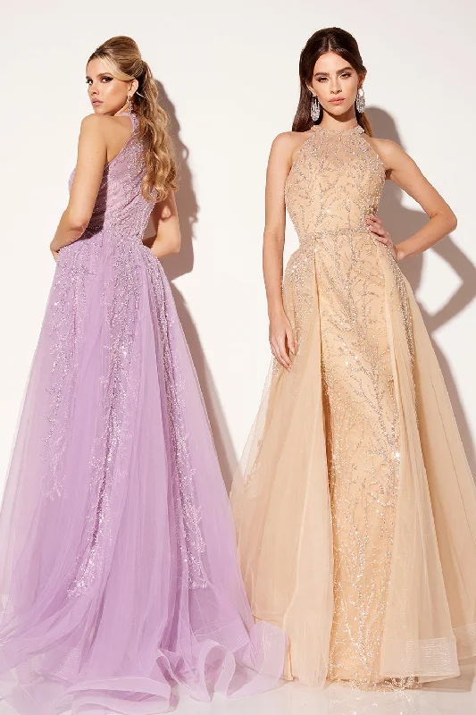 Beaded Halter Overskirt Gown by Lucci Lu C8034