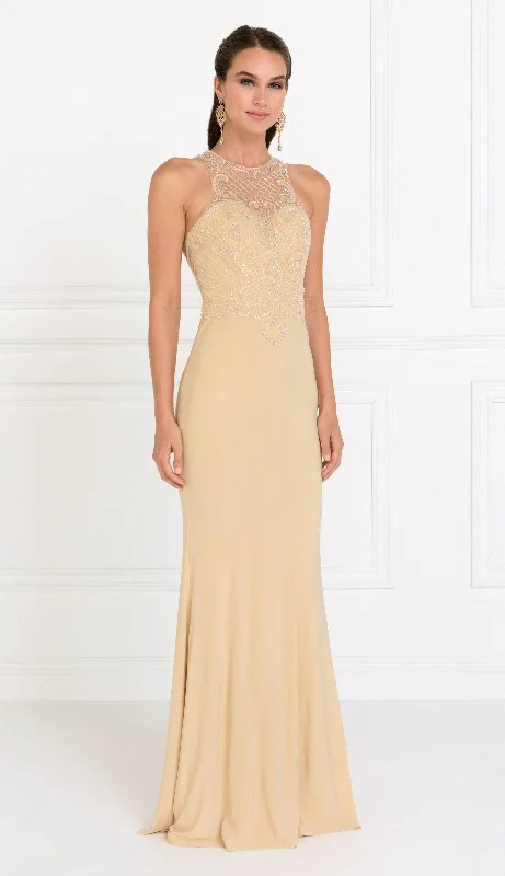 Beaded Illusion Champagne Mermaid Dress by Elizabeth K GL1507