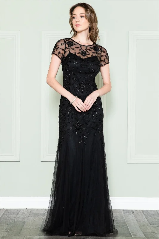 Beaded Short Sleeve Mesh Gown by Amelia Couture IN002