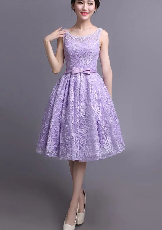 Beautiful Light Purple Lace Knee Length Wedding Party Dress, Round Neckline Short Prom Dress c3171