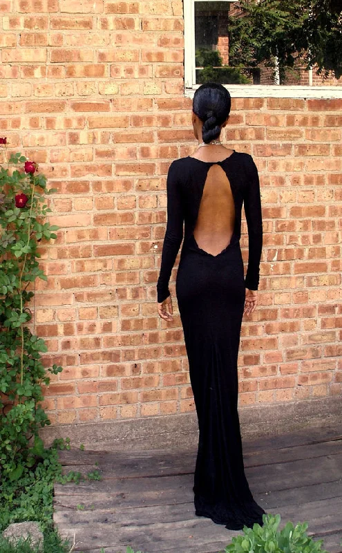 Black Backless Full Length Gown, Black Prom Dress, Black Formal Dress, Long Sleeves Prom Gown, Black Evening Dress cc155