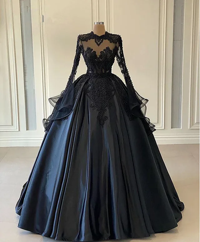 Puffy Ball Gown Women Long Sleeve Evening Dress Black Lace Twill Satin Beaded Dubai Style Formal Prom Dresses c3303