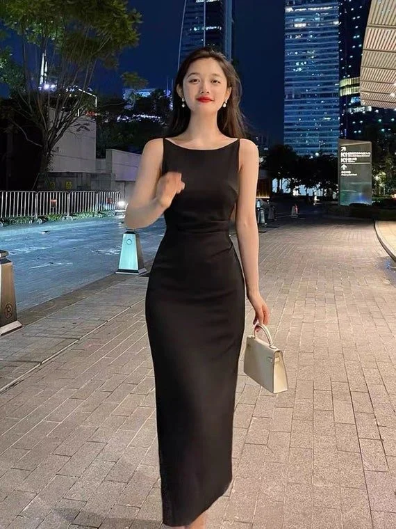 Black Boat Neck Satin Dress,Bodycon Long Prom Dress,Beautiful Satin Dress cc572