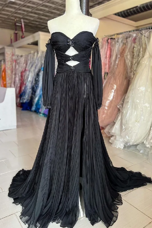 Black Rhinestones Strapless A-Line Prom Dress with Sleeves cc892