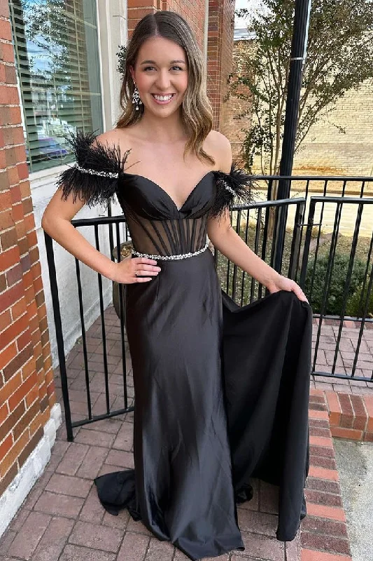 Black Satin Feather Off the Shoulder Mermaid Long Prom Dresses cc893