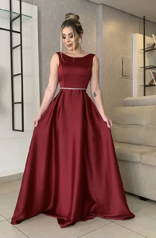 Burgundy Bateau Neckline Long Prom Dress Chic Evening Dress Sleeveless Formal Gown cc291