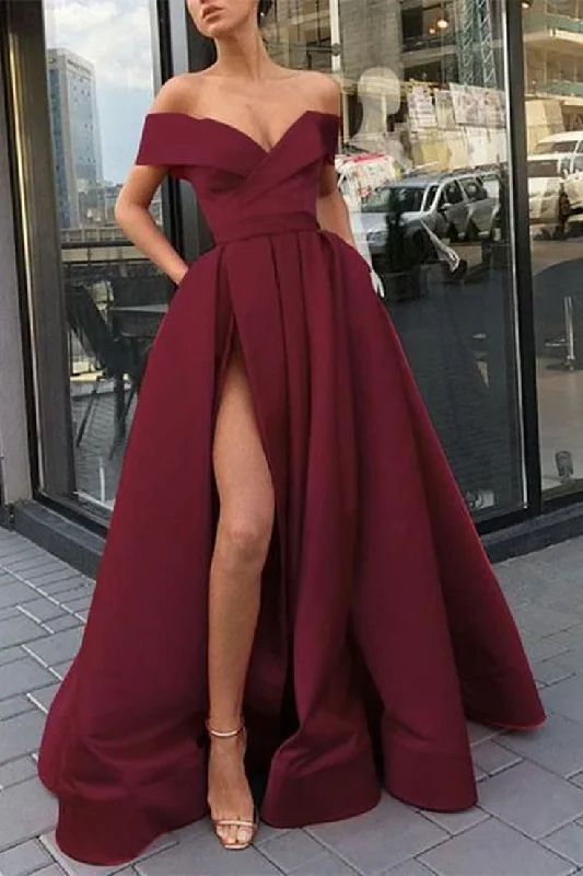 Burgundy v neck satin off shoulder long prom dress burgundy evening dress cc325