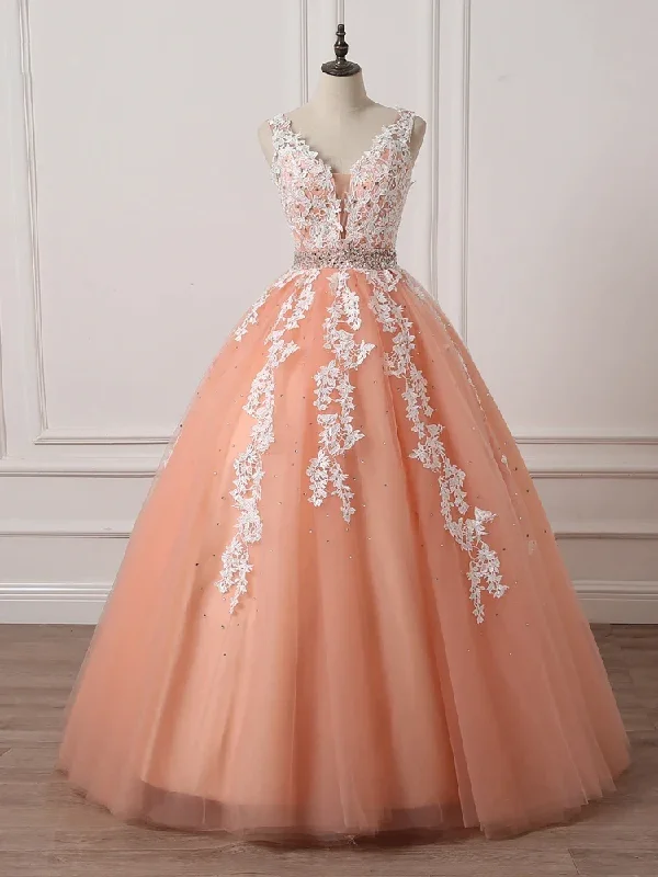 Charming Coral Princess V-Neckline Formal Dress, Lace Applique Beaded Prom Dress c2646