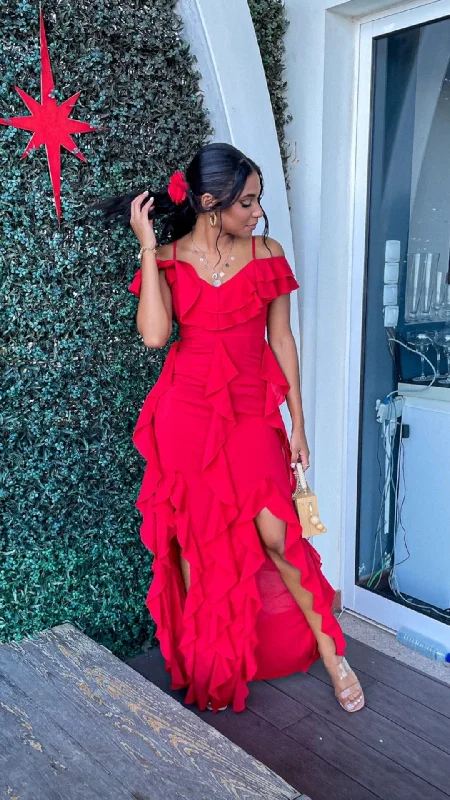 Chic Red Sheath Ruffle Prom Dress,Red Evening Dress cc713