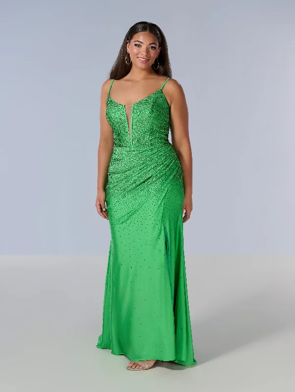 Curvy Fitted V-Neck Slit Gown by Tiffany Designs 16194