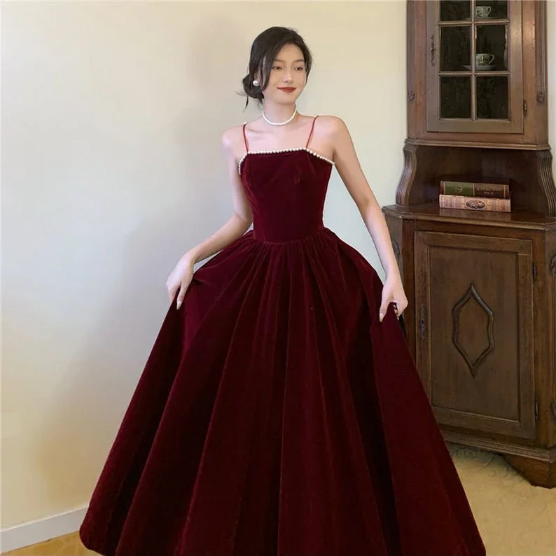 Dark Burgundy Spaghetti Straps Dress Women Prom Dress Birthday Party Dress Event Gown Dress c2921