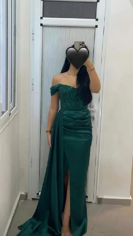 Dark Green Satin Off Shoulder Mermaid Side Slit Long Evening Prom Dresses cc894