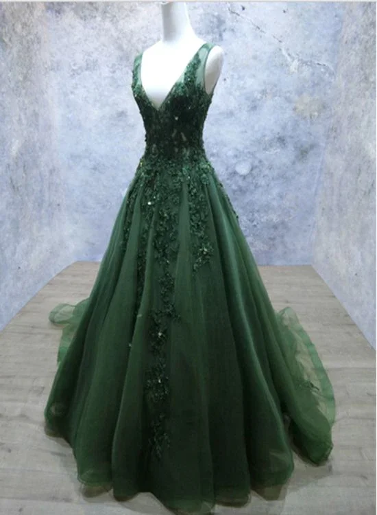 Dark Green V-neckline Lace Applique Low Back Formal Prom Dress c2540