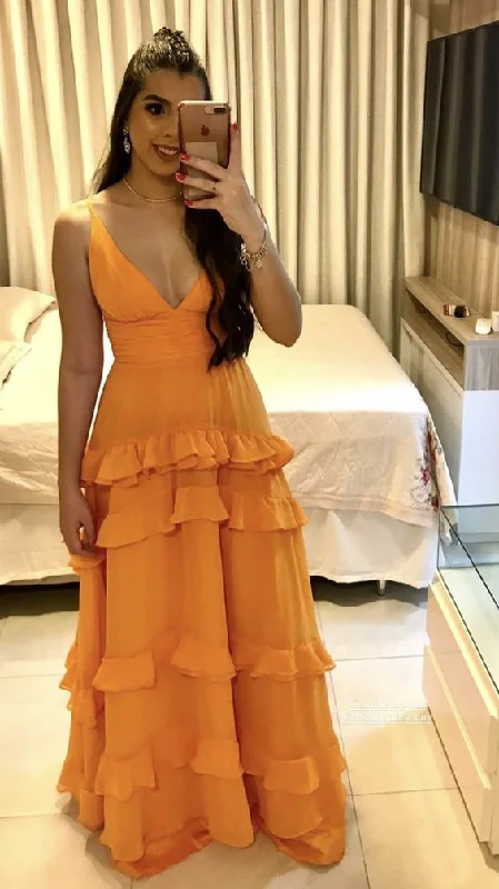 Elegant A-line Orange V Neck Long Prom Dress  cc546