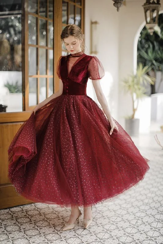 Elegant A line short prom dress burgundy evening dress c2824