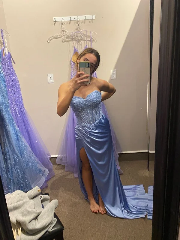 Elegant Blue Strapless Mermaid Prom Dress with Pleat cc752