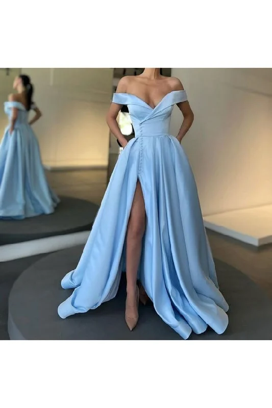 Elegant Long Blue Satin Off the Shoulder Prom Dress Formal Evening Gowns cc475