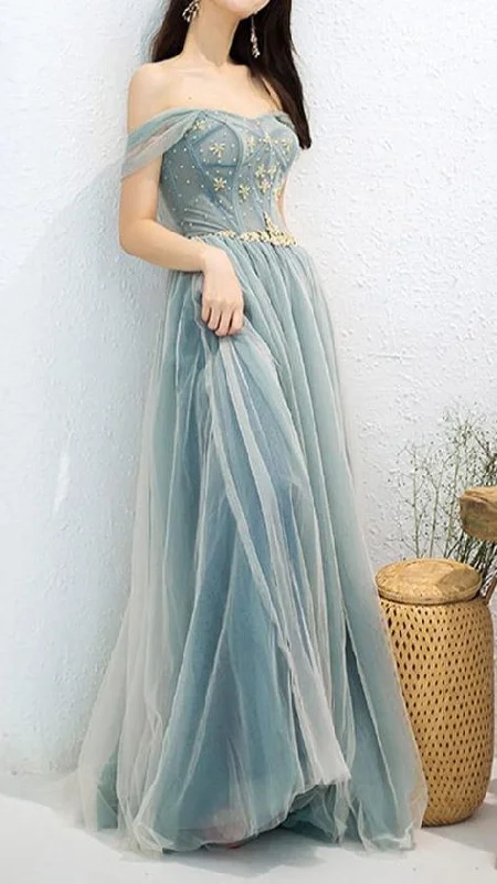 Elegant Off Shoulder A-Line Beaded Long Prom Dress With Appliques c2545