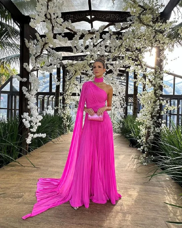 Elegant One Shoulder Evening Dress Women Pleated Chiffon High Neck A Line Floor Length Party Formal Occasion Prom Gown cc655