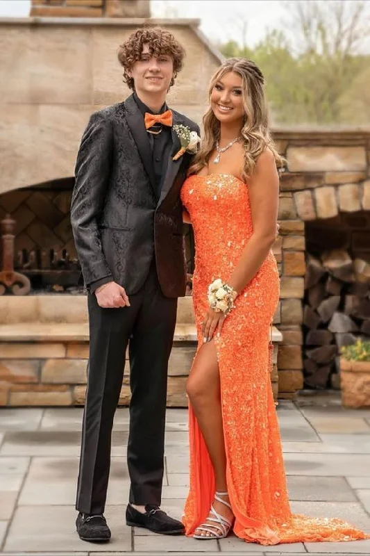 Elegant Strapless Orange Sequins Long Prom Dress Formal Evening Dresses c2601