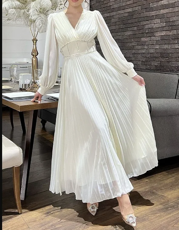 Elegant White Long Sleeves Prom Dress,White Evening Dress cc638