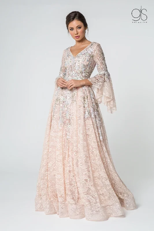 Embroidered Lace Ballgown with Bell Sleeves by Elizabeth K GL1592