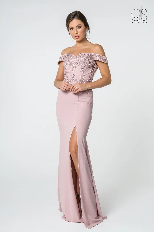 Embroidered Long Off Shoulder Dress with Slit by Elizabeth K GL2708