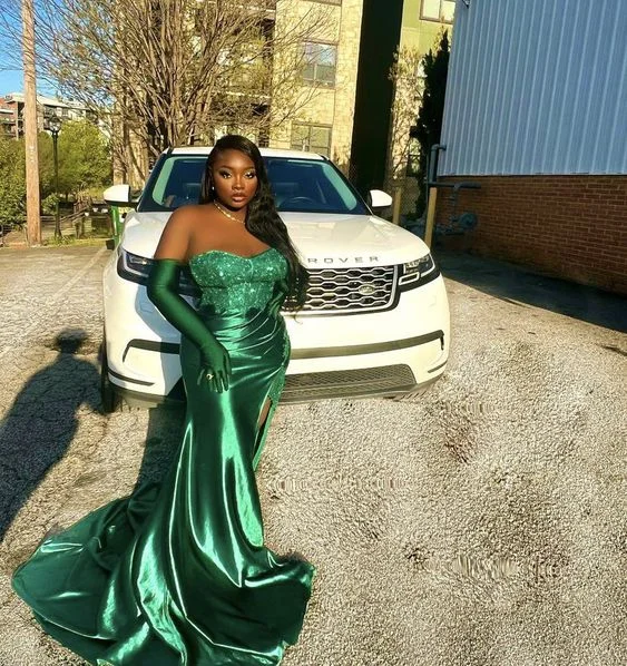 Emerald Green Evening Dress Satin Long Prom Dress For Women Without Gloves cc373