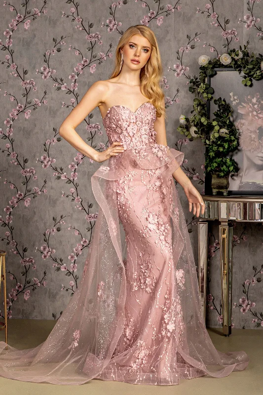 Fitted 3D Floral Strapless Overskirt Gown by GLS Gloria GL3257