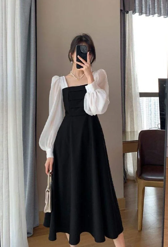 French Contrast Color Patchwork Square Neck Puff Sleeve Prom Dress cc604