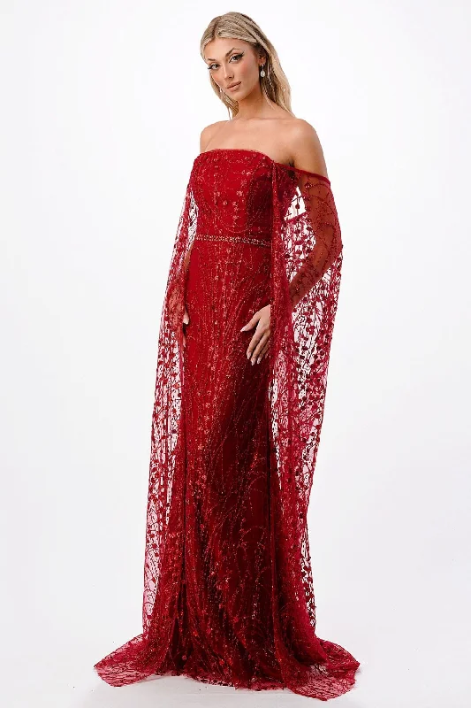 Glitter Off Shoulder Cape Mermaid Dress by Coya P2300