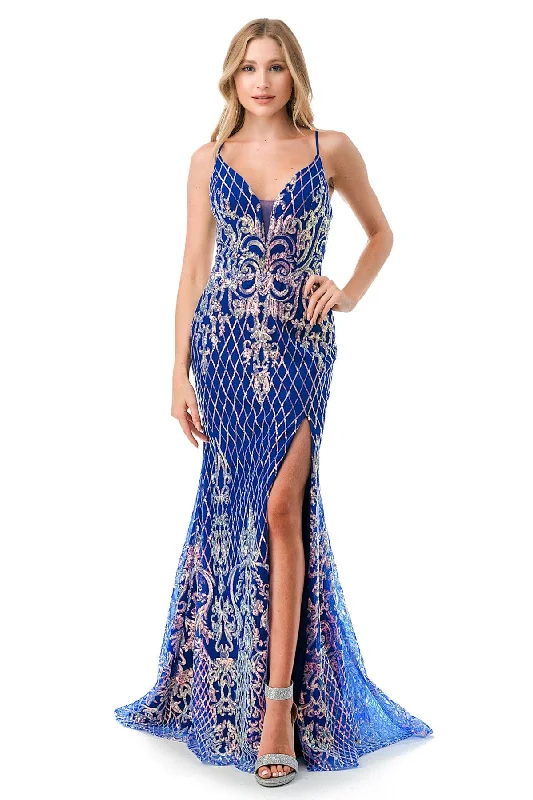 Glitter Print Fitted Lace-Up Back Gown by Coya L2692