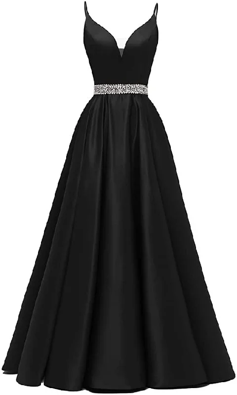 Glitter Spaghetti Straps Prom Dress Long Beaded Satin V-Neck Formal Evening Gowns cc329