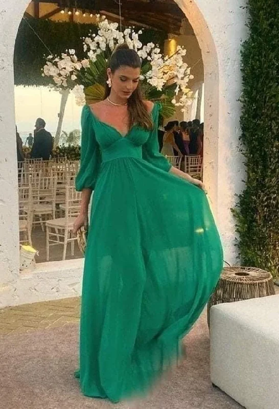 Green A-line Prom Dress Long Sleeves Fashion Evening Dress cc832